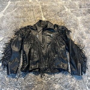 House of Leather Motorcycle Jacket Black Leather  Fringe Zip Out Liner Size 54